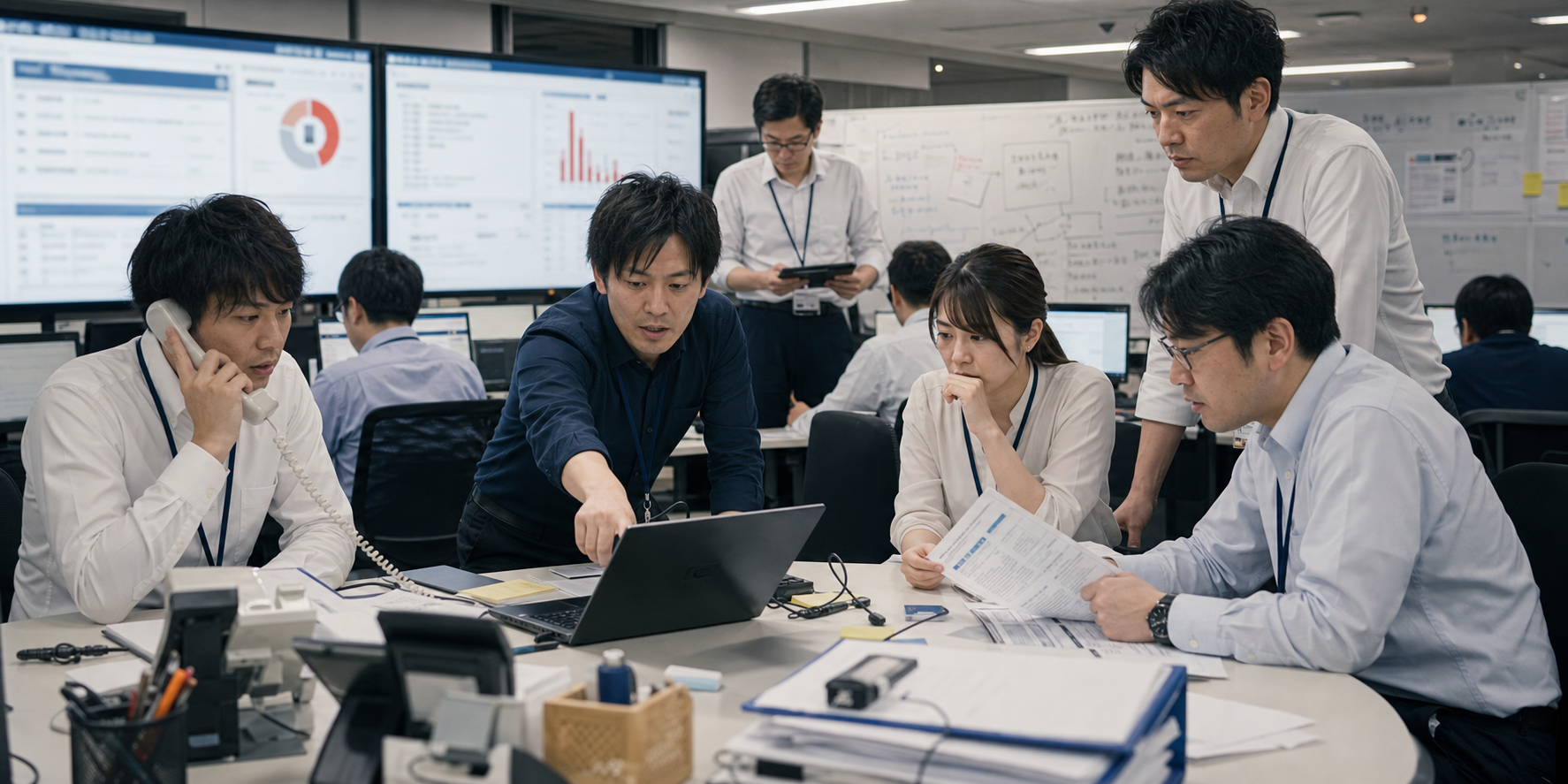 倉庫のバックヤードで担当者が在庫回収や棚卸差異の対応に追われている実写画像。